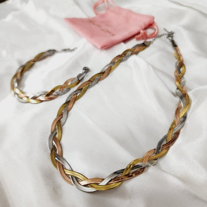 Three tone snake chain, Silver gold and rose gold braid necklace, Chunky Necklace, 18k Gold Plated Cuban Chain, herringbone three tones set, water proof jewelry, three tone jewelry, gift for woman  Water Resistant Necklace  Water Resistant Jewelry  Water Resistant  water resistance jewelry