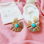 18KG geometric pattern blue stone statement stainless steel earrings, fan earrings, silver earrings, hypoallergenic earrings, fan maxi studs, 18k gold plated earrings, Waterproof earrings, Silver and gold, Durable earrings, Elegant earrings, Timeless design, aesthetic earrings, timeless earrings