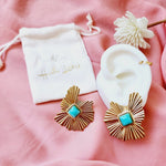 18KG geometric pattern blue stone statement stainless steel earrings, fan earrings, silver earrings, hypoallergenic earrings, fan maxi studs, 18k gold plated earrings, Waterproof earrings, Silver and gold, Durable earrings, Elegant earrings, Timeless design, aesthetic earrings, timeless earrings