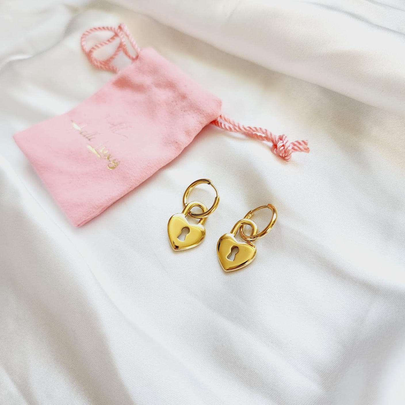 Heart Lock Hoops, small delicate heart hoops, Water Resistant Earrings, 18k Gold Plated, Vintage Earrings, Water resistant gold hoops, tarnish free gold open hoops, Lightweight Chunky Open Hoops, 14k lightweight chunky hoops,