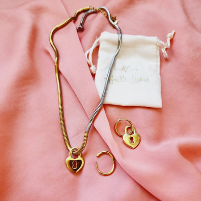 Heart Lock Hoops, small delicate heart hoops, Water Resistant Earrings, 18k Gold Plated, Vintage Earrings, Water resistant gold hoops, tarnish free gold open hoops, Lightweight Chunky Open Hoops, 14k lightweight chunky hoops,