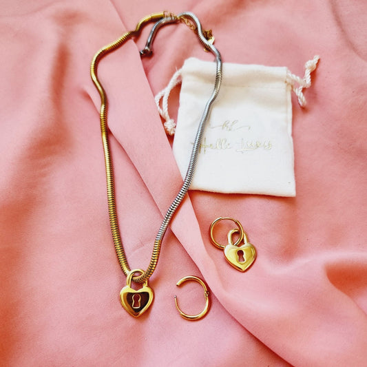 Heart Lock Hoops, small delicate heart hoops, Water Resistant Earrings, 18k Gold Plated, Vintage Earrings, Water resistant gold hoops, tarnish free gold open hoops, Lightweight Chunky Open Hoops, 14k lightweight chunky hoops,
