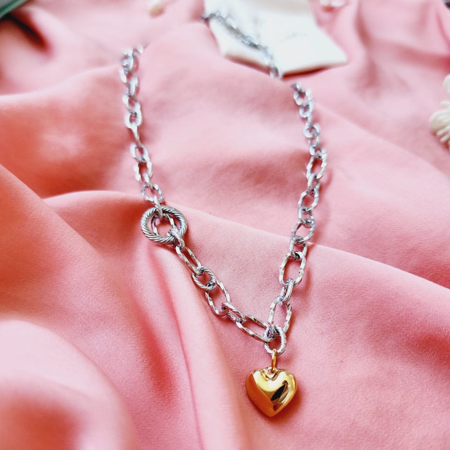 two tone heart necklace, vintage heart dainty Necklace, 18k Gold Plated Cuban Chain