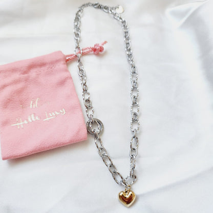 two tone heart necklace, vintage heart dainty Necklace, 18k Gold Plated Cuban Chain