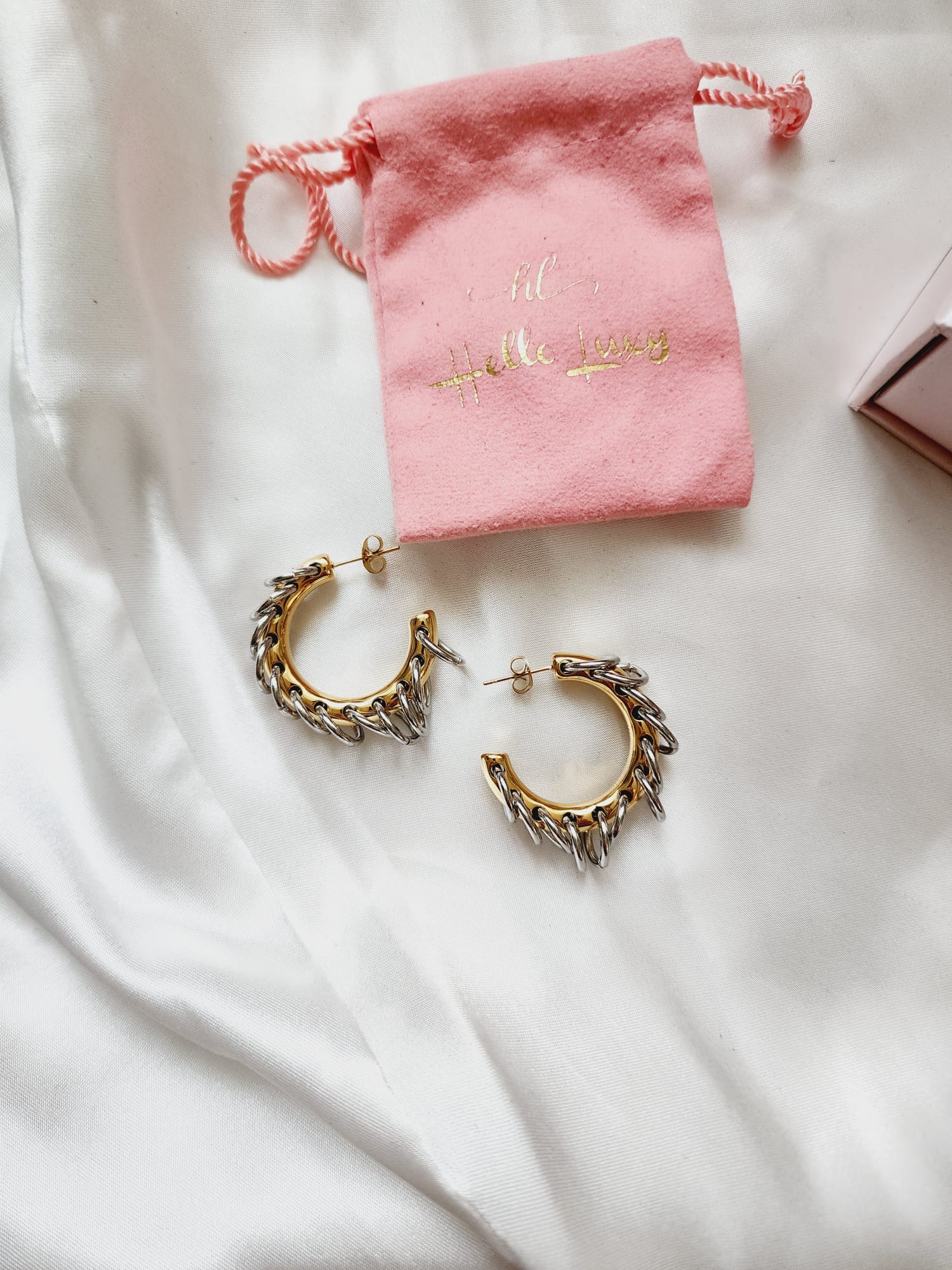 Silver and gold earrings, two tone earrings, two tone Hoops, edgy Hoops, wide chunky earring, Silver chains hoops, Water Resistant bold earrings, Water Resistant simple earrings, sweat resistant jewelry, water resistant minimalist jewelry, minimalist earrings, timeless gold earrings, waterproof earrings,