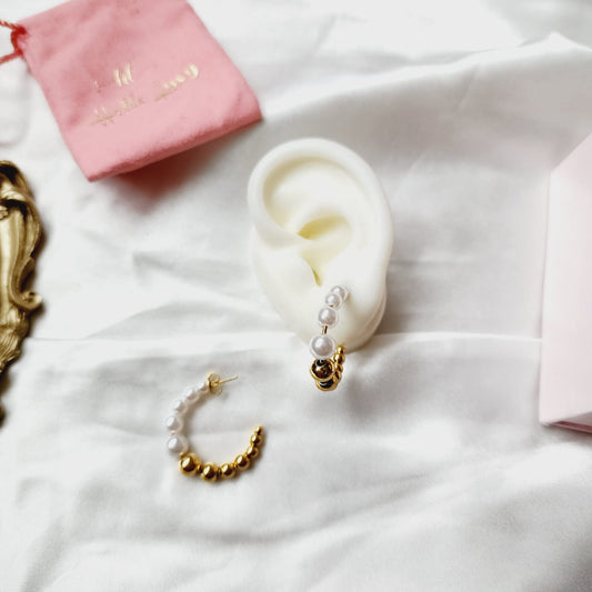 Hoops Earrings, Pearl Earrings, Water Resistant Earrings, 18k Gold Plated, Vintage Earrings