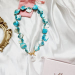 Blue nacar Baroque necklace, blue pearl Chunky Necklace, 18k Gold Plated Cuban Chain, blue summer necklace, blue pearl choker, blue baroque necklace, blue mother pearl necklace, summer necklace, summer jewelry trends, gift for women, bold blue necklace, gift for bestfriend, gift for wife, aesthetic pearl necklace, Stainless Steel Pearl Beaded necklace, ellie vail jewelry, waterproof necklace for women