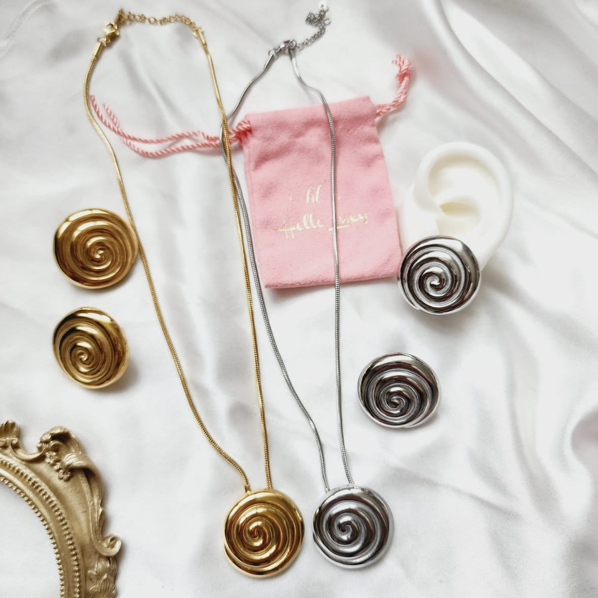 Geometric necklace and earrings, bold circular necklace and earrings, chunky necklace and earrings, infinity necklace and earrings, Fashion Threaded Swirl Shell Pendant Necklace - Steel Stainless Steel Threaded Swirl Shell Necklace, Silver Geometric necklace and earrings, Gold Geometric necklace and earrings  Water Resistant Necklace  Water Resistant Jewelry  Water Resistant  water resistance jewelry