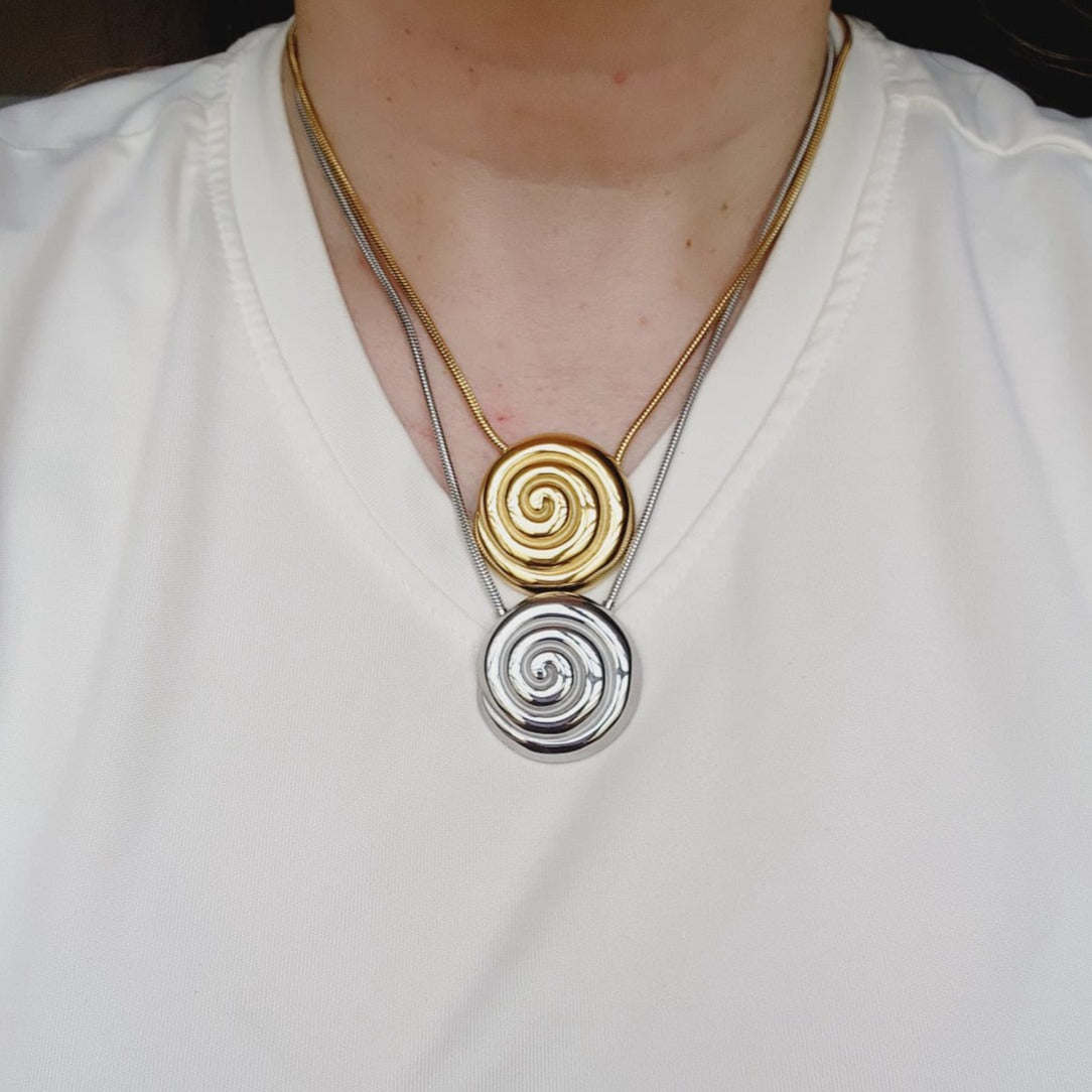 Geometric necklace and earrings, bold circular necklace and earrings, chunky necklace and earrings, infinity necklace and earrings, Fashion Threaded Swirl Shell Pendant Necklace - Steel Stainless Steel Threaded Swirl Shell Necklace, Silver Geometric necklace and earrings, Gold Geometric necklace and earrings  Water Resistant Necklace  Water Resistant Jewelry  Water Resistant  water resistance jewelry
