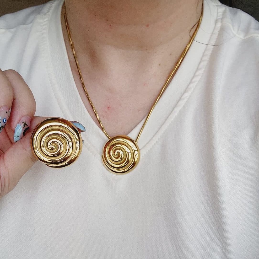 Geometric necklace and earrings, bold circular necklace and earrings, chunky necklace and earrings, infinity necklace and earrings, Fashion Threaded Swirl Shell Pendant Necklace - Steel Stainless Steel Threaded Swirl Shell Necklace, Silver Geometric necklace and earrings, Gold Geometric necklace and earrings  Water Resistant Necklace  Water Resistant Jewelry  Water Resistant  water resistance jewelry