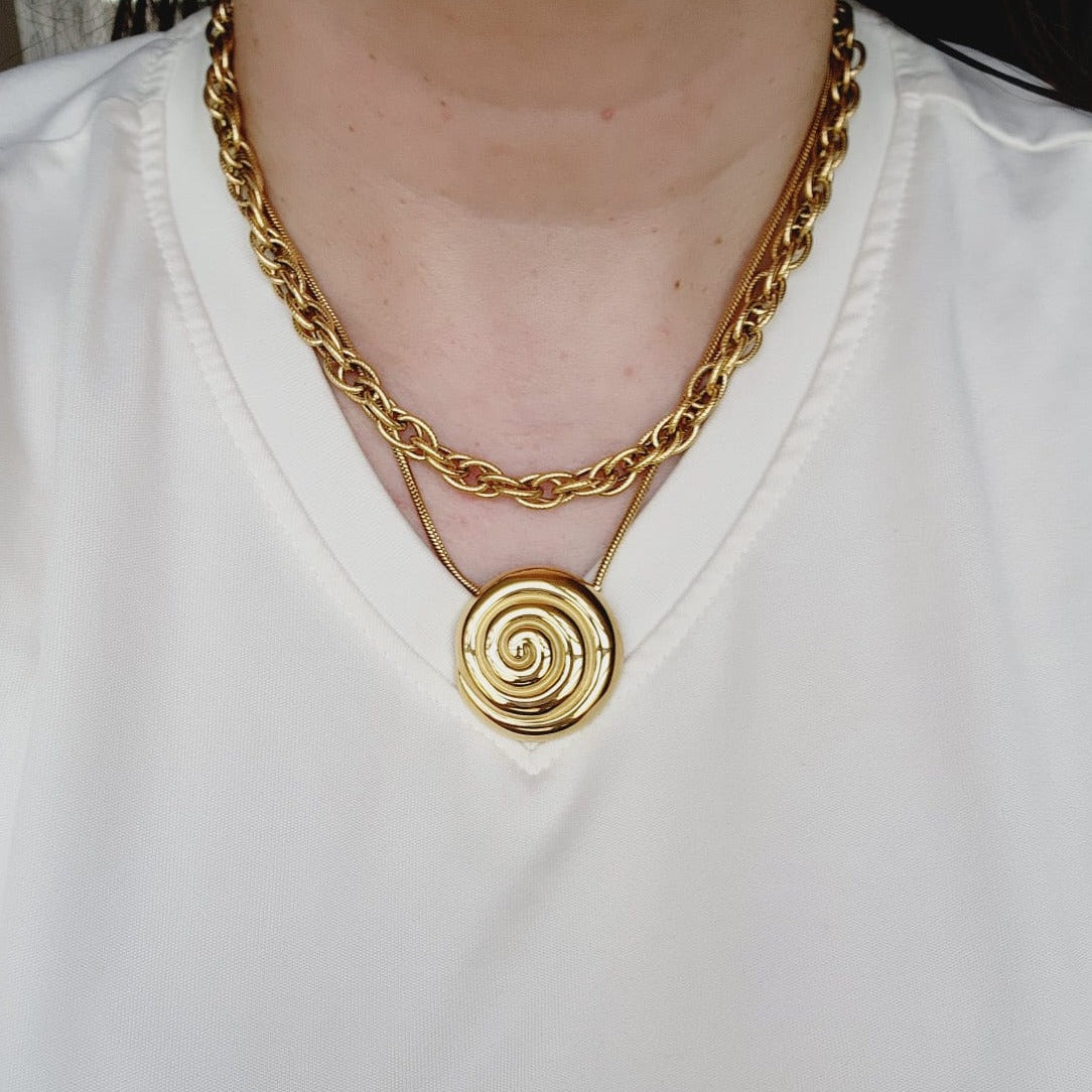 Geometric necklace and earrings, bold circular necklace and earrings, chunky necklace and earrings, infinity necklace and earrings, Fashion Threaded Swirl Shell Pendant Necklace - Steel Stainless Steel Threaded Swirl Shell Necklace, Silver Geometric necklace and earrings, Gold Geometric necklace and earrings  Water Resistant Necklace  Water Resistant Jewelry  Water Resistant  water resistance jewelry