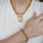 Geometric necklace and earrings, bold circular necklace and earrings, chunky necklace and earrings, infinity necklace and earrings, Fashion Threaded Swirl Shell Pendant Necklace - Steel Stainless Steel Threaded Swirl Shell Necklace, Silver Geometric necklace and earrings, Gold Geometric necklace and earrings  Water Resistant Necklace  Water Resistant Jewelry  Water Resistant  water resistance jewelry