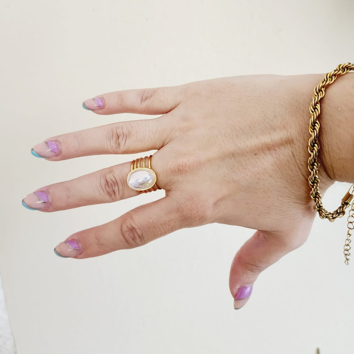 Holographic Oval ring, Luxury Oval cut amethyst stainless steel wide rings, Mother Pearl ring, Adjustable mother shell ring, Shell gold ring, Adjustable waterproof ring, Water Resistant Jewelry, Fashion Love Stainless Steel Geometric Love Pearl Open Ring, Luxury Oval cut amethyst stainless steel wide rings