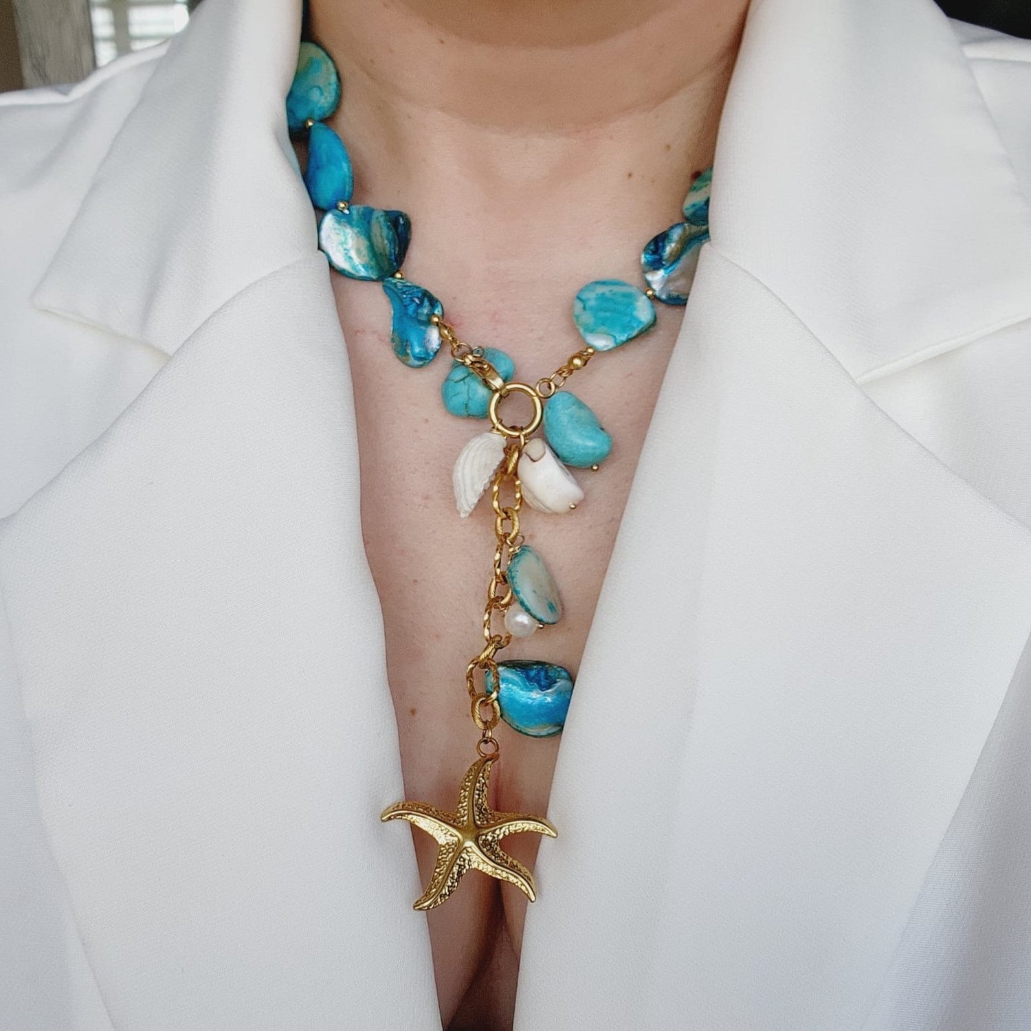 summer necklace, blue nacar and pearl necklace, Blue nacar Baroque necklace, blue pearl Chunky Necklace, 18k Gold Plated Cuban Chain, blue summer necklace, blue pearl choker, blue baroque necklace, blue mother pearl necklace, summer necklace, summer jewelry trends, gift for women, bold blue necklace, gift for bestfriend, gift for wife, aesthetic pearl necklace, Stainless Steel Pearl Beaded necklace, ellie vail jewelry, waterproof necklace for women