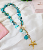 Blue nacar Baroque necklace, blue pearl Chunky Necklace, 18k Gold Plated Cuban Chain, blue summer necklace, blue pearl choker, blue baroque necklace, blue mother pearl necklace, summer necklace, summer jewelry trends, gift for women, bold blue necklace, gift for bestfriend, gift for wife, aesthetic pearl necklace, Stainless Steel Pearl Beaded necklace, ellie vail jewelry, waterproof necklace for women