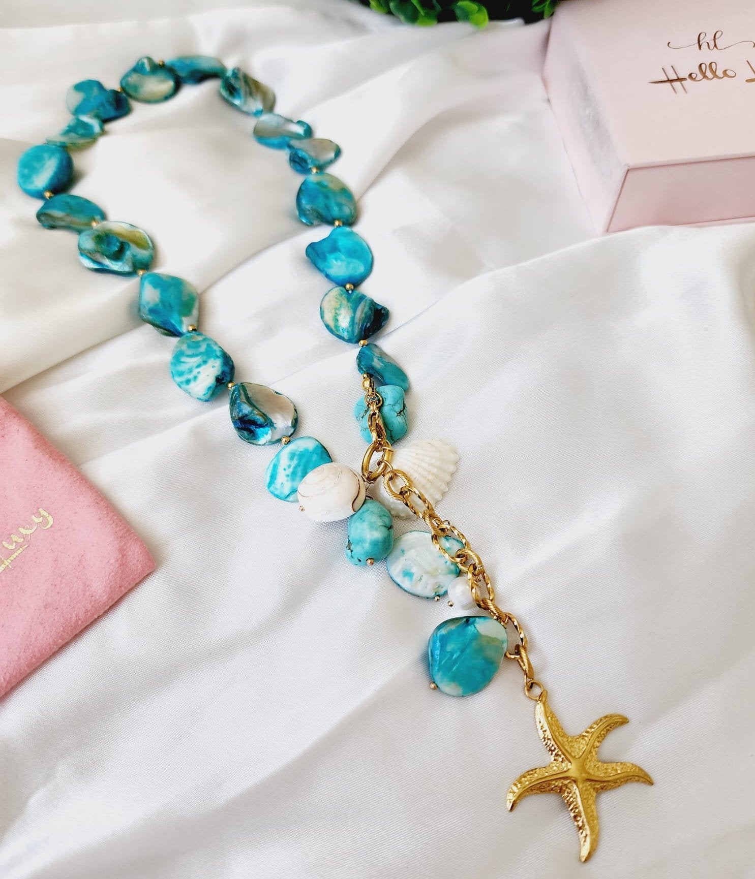 Blue nacar Baroque necklace, blue pearl Chunky Necklace, 18k Gold Plated Cuban Chain, blue summer necklace, blue pearl choker, blue baroque necklace, blue mother pearl necklace, summer necklace, summer jewelry trends, gift for women, bold blue necklace, gift for bestfriend, gift for wife, aesthetic pearl necklace, Stainless Steel Pearl Beaded necklace, ellie vail jewelry, waterproof necklace for women