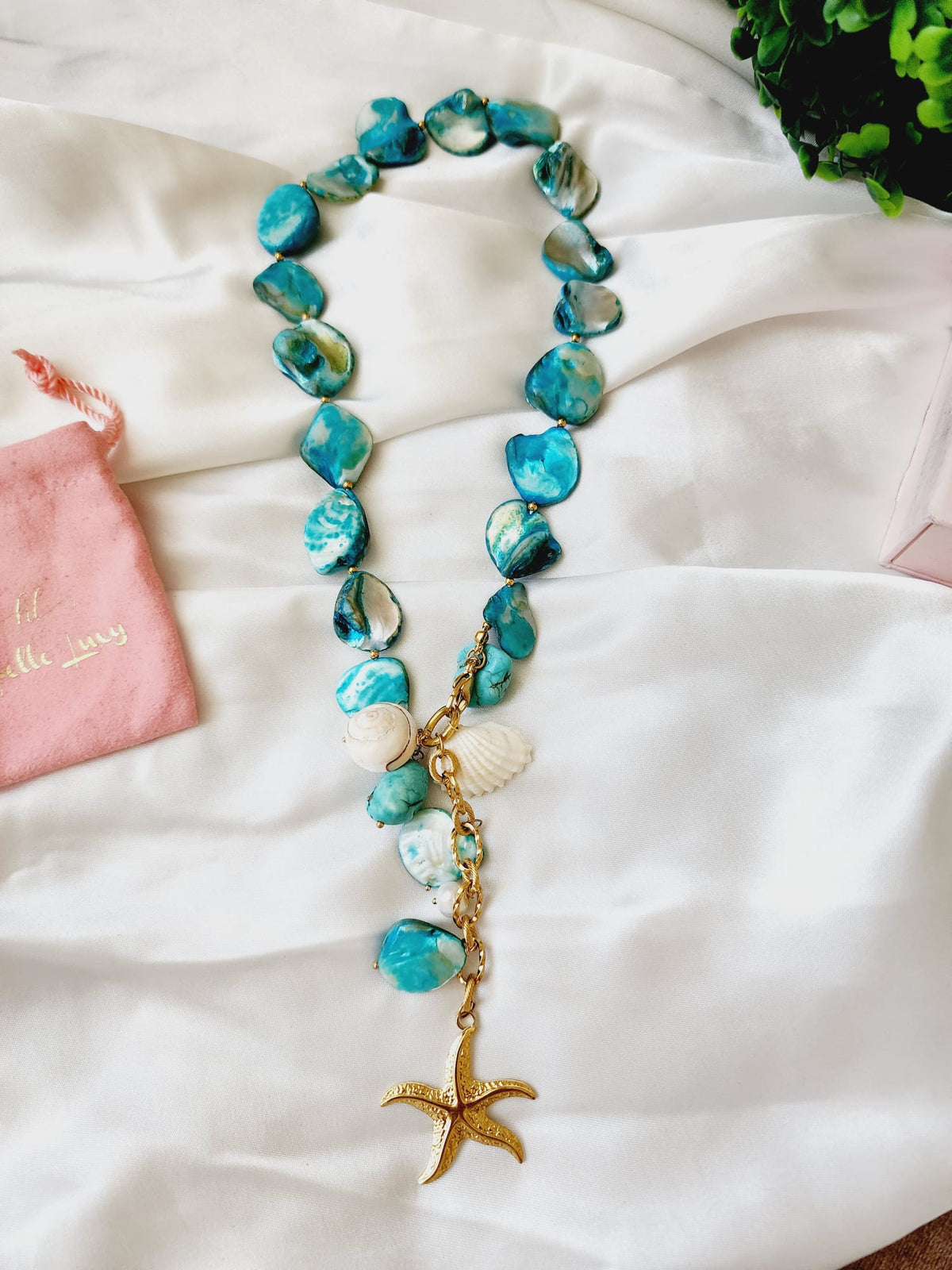 Blue nacar Baroque necklace, blue pearl Chunky Necklace, 18k Gold Plated Cuban Chain, blue summer necklace, blue pearl choker, blue baroque necklace, blue mother pearl necklace, summer necklace, summer jewelry trends, gift for women, bold blue necklace, gift for bestfriend, gift for wife, aesthetic pearl necklace, Stainless Steel Pearl Beaded necklace, ellie vail jewelry, waterproof necklace for women