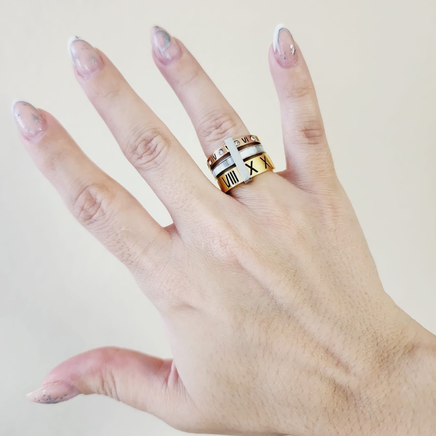 Triple Tone glossy Ring, three tone ring, Double tone bold ring, roman numbers ring, rose gold bold ring, three tone mother pearl ring, chunky three tone ring, bulky three tone ring, bold ring, promise ring, bold double tone ring, valentine gift, jewelry gift for valentines, love ring, love jewelry, gift for wife, gift for friend, friendship gifts, self love ring,