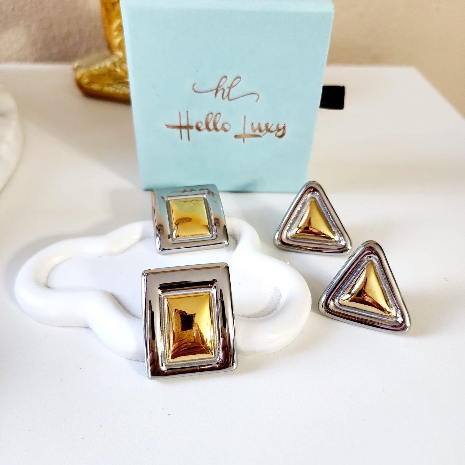 Two tone triangle Earrings, chunky two tone studs, Water Resistant Earrings, 18k Gold Plated, Vintage Earrings, Everyday two tone earrings, Two tone Water resistant gold hoops, Two tone hoops, small two tone delicate hoops, tarnish free gold open hoops, Lightweight Chunky Open Hoops, 14k lightweight chunky hoops,