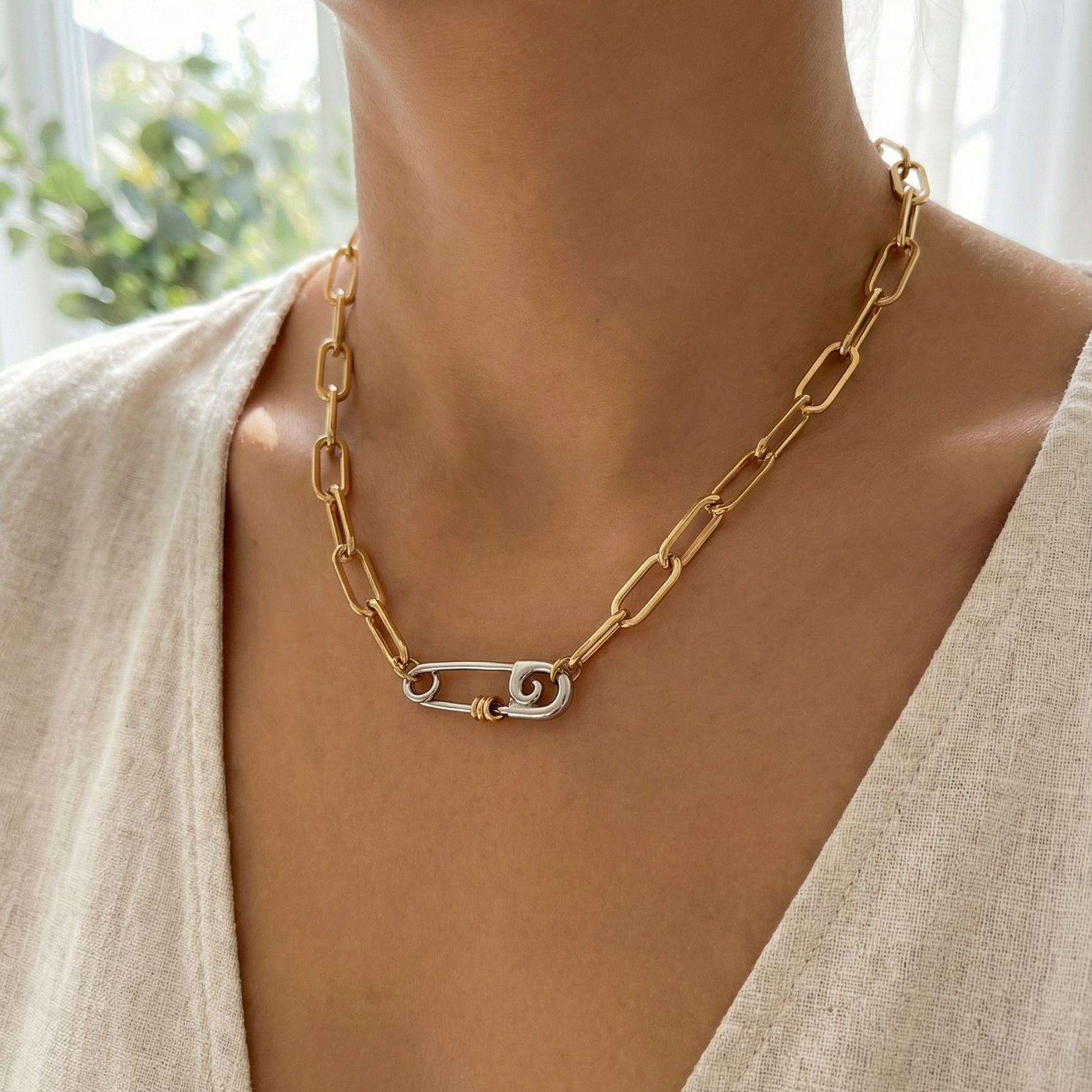 Safety Pin Geometric two tone necklace and bracelet, bold two tone circular necklace and bracelet, chunky two tone necklace and bracelet, infinity necklace and bracelet,  Silver Geometric necklace and bracelets, Gold Geometric necklace and earrings

Water Resistant Necklace

Water Resistant Jewelry

Water Resistant