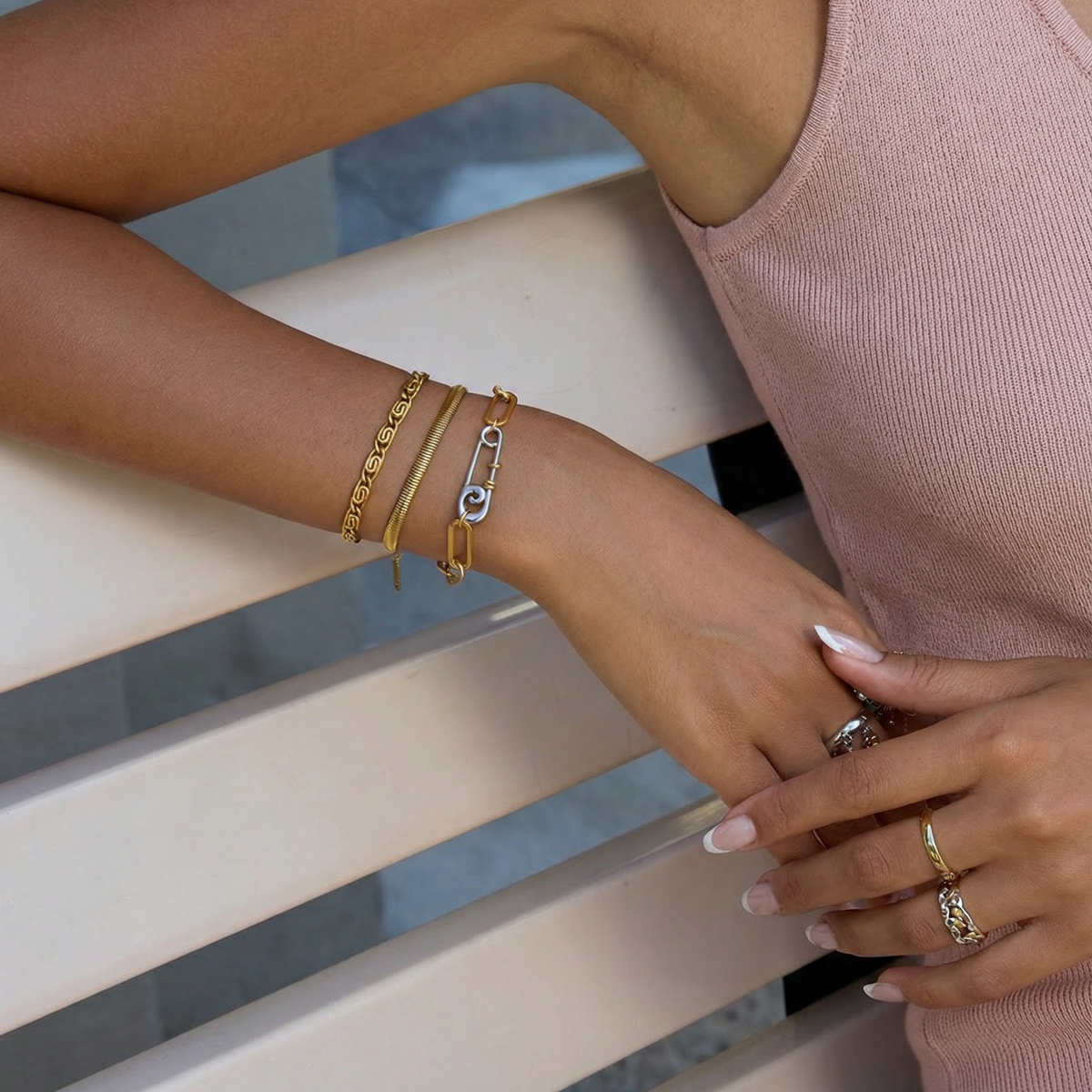 Safety Pin Geometric two tone necklace and bracelet, bold two tone circular necklace and bracelet, chunky two tone necklace and bracelet, infinity necklace and bracelet,  Silver Geometric necklace and bracelets, Gold Geometric necklace and earrings

Water Resistant Necklace

Water Resistant Jewelry

Water Resistant