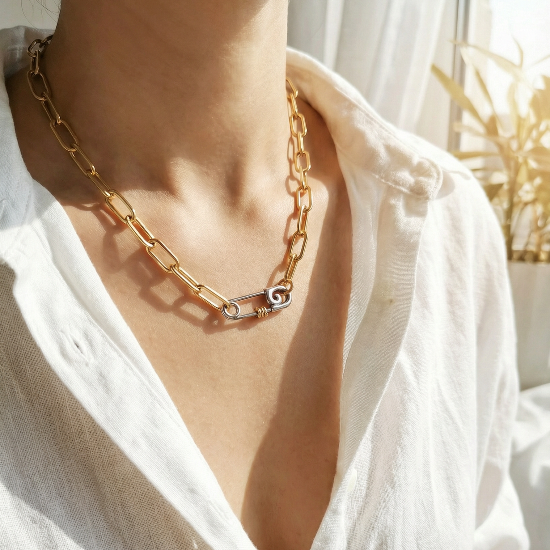 Safety Pin Geometric two tone necklace and bracelet, bold two tone circular necklace and bracelet, chunky two tone necklace and bracelet, infinity necklace and bracelet,  Silver Geometric necklace and bracelets, Gold Geometric necklace and earrings

Water Resistant Necklace

Water Resistant Jewelry

Water Resistant