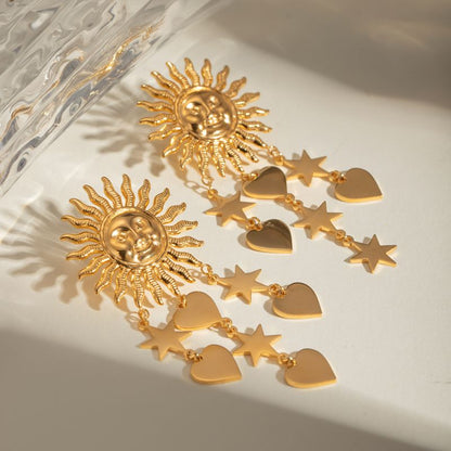 Sun earrings, Gold celestial earrings, Sun and star jewelry, Boho statement earrings,
Unique sun earrings, Sunburst earrings, Celestial jewelry, Star and heart earrings,
Bohemian jewelry style, Gold sun earrings, Dangling celestial earrings, Statement earrings for women, Sun and moon earrings, Vintage-inspired earrings, Spiritual jewelry,
Sun charm earrings, Astrology-inspired jewelry, Durable earrings, Elegant earrings, Timeless design, aesthetic earrings, timeless earrings, Fashion accessories, Stylish je