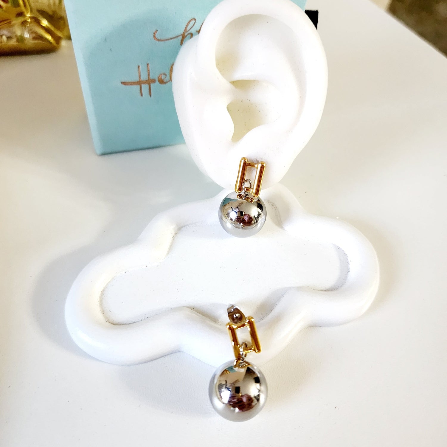 waterproof earrings, drop earrings, ball earrings, sphere earrings, modern minimalist earrings, two-tone earrings, stainless steel earrings, gold and silver earrings, hypoallergenic earrings, tarnish-free jewelry, Hello Luxy jewelry.