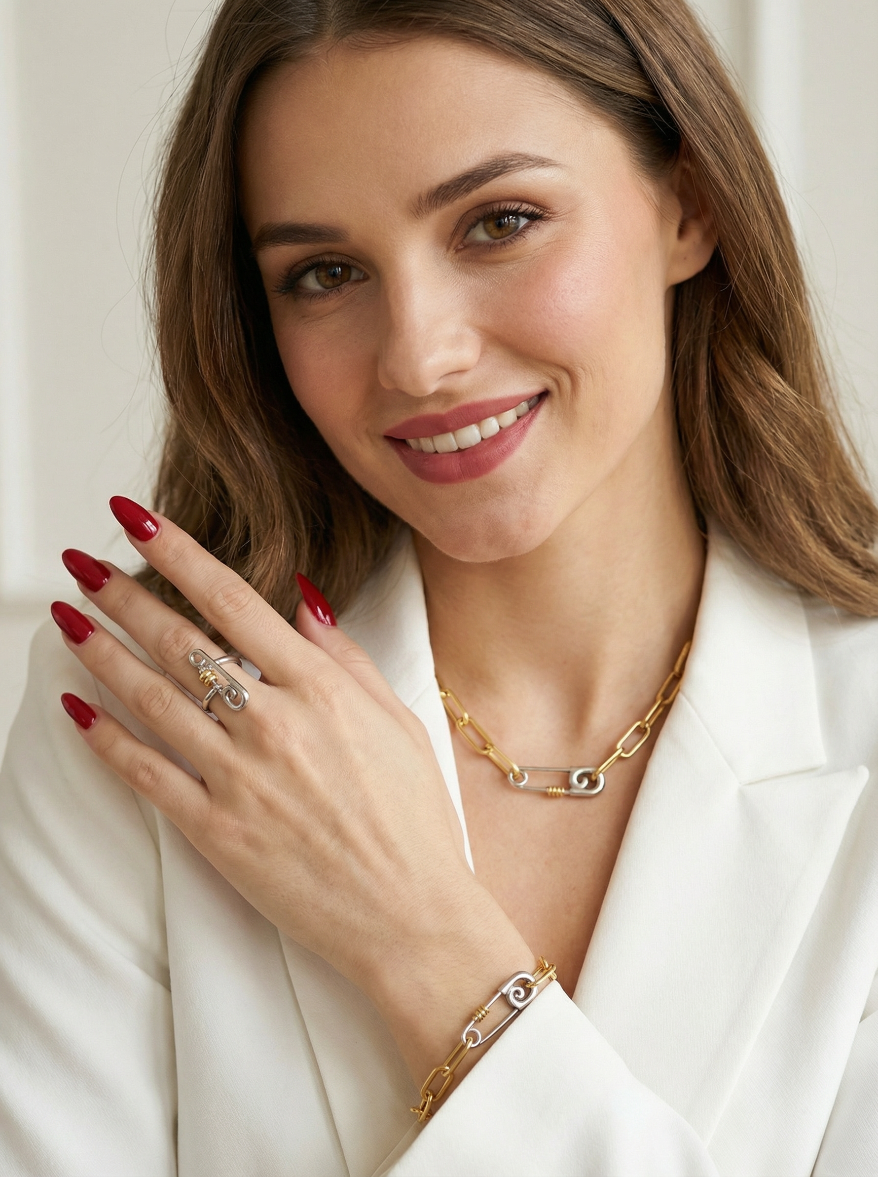 Safety Pin Geometric two tone necklace and bracelet, bold two tone circular necklace and bracelet, chunky two tone necklace and bracelet, infinity necklace and bracelet,  Silver Geometric necklace and bracelets, Gold Geometric necklace and earrings

Water Resistant Necklace

Water Resistant Jewelry

Water Resistant