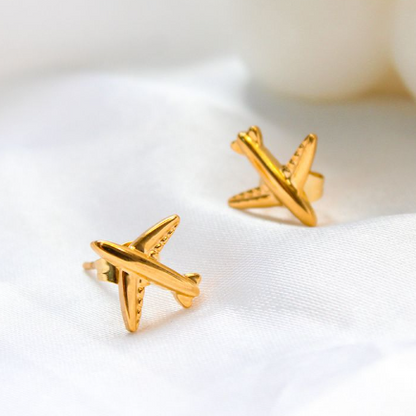 Airplane studs, Travel Lovers earrings, Viajera gift, travel lovers gift ideas, hypoallergenic earrings, 18k gold plated earrings, Waterproof earrings, Silver and gold, Durable earrings, Elegant earrings, Timeless design, aesthetic earrings, timeless earrings, stylish earrings, Versatile jewelry, Bold Earrings, Bold studs, chunky studs, chunky earrings, Special occasion jewelry, Everyday earrings, Premium quality studs, Affordable luxury Hypoallergenic earrings waterproof earrings, water resistant earrings