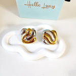 Two tone square Earrings, chunky two tone studs, Water Resistant Earrings, 18k Gold Plated, Vintage Earrings, Everyday two tone earrings, Two tone Water resistant gold hoops, Two tone hoops, small two tone delicate hoops, tarnish free gold open hoops, Lightweight Chunky Open Hoops, 14k lightweight chunky hoops