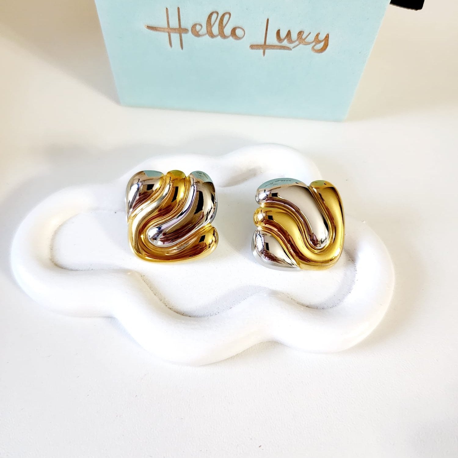 Two tone square Earrings, chunky two tone studs, Water Resistant Earrings, 18k Gold Plated, Vintage Earrings, Everyday two tone earrings, Two tone Water resistant gold hoops, Two tone hoops, small two tone delicate hoops, tarnish free gold open hoops, Lightweight Chunky Open Hoops, 14k lightweight chunky hoops