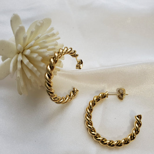 hypoallergenic earrings, twisted earrings, C shape twisted earrings, twisted hoops, waterproof earrings, water resistant earrings, twisted earrings gold, spiral twist earrings,  double twist earrings, double twist hoop earrings, tiny twist earrings,  twist stud earrings, small twisted gold hoop earrings,  twisted gold hoops 14k, Croissant Earrings Waterproof 