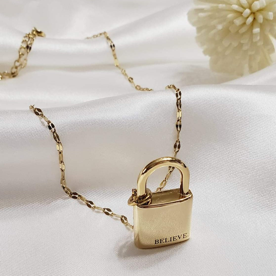 Believe Chain, Believe Lock Necklace, Believe Lock Chain, Motivational Chain, Motivational Necklace, Inspirational Chain, Inspirational Necklace, Lock Necklace, Lock Chain, Gold Filled Chain, Gold Filled Lock Pendant, Meaningful Jewelry, Motivational Jewelry, Inspirational Jewelry, 18k Gold Filled, Water Resistant Jewelry, Water Resistant Necklace, Tarnish Free Jewelry, Tarnish Free Chain, Gift for mom, Gift for anxiety awareness, Gift for sister, Gift for daughter, gift for friend