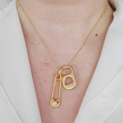 Safety Pin and Lock Chain Necklace gold
