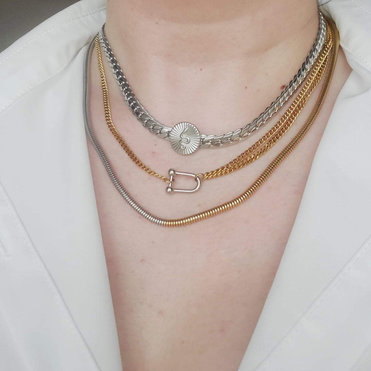 : snake chain, herringbone chain, flat snake chain, gold herringbone, 18k gold snake chain, chunky gold necklace, gold fill chain, gold fill necklace, chain necklace, herringbone choker, rope chain necklace, layer necklace set, snake necklace, herradura necklace, shoehorse necklace, double tone necklace, silver and gold necklace