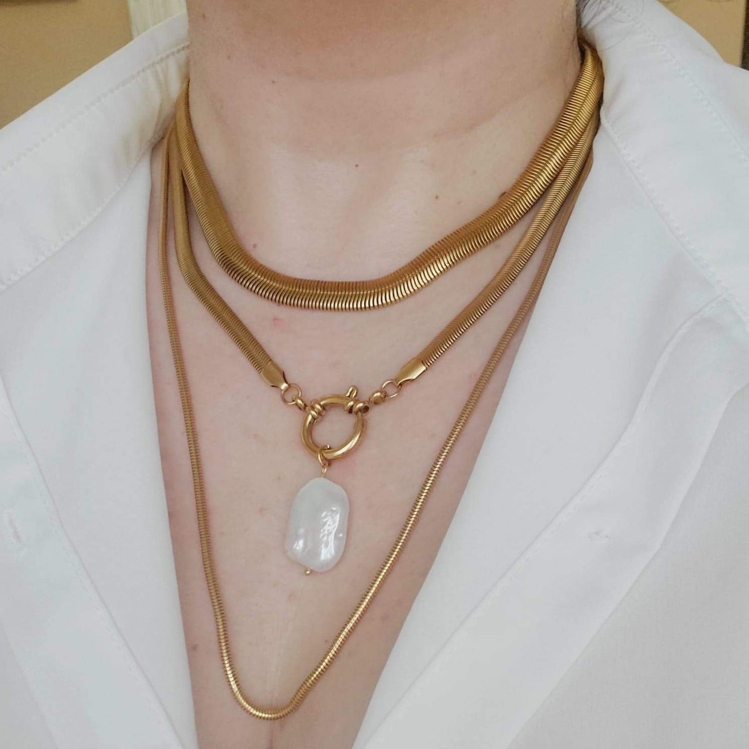 Minimalist chain, Gold filled Chain, Flat Gold Necklace, Snake Chain, Water resistant jewelry, water resistant Necklace, Water resistant bracelet, vintage jewelry, vintage jewelry, vintage necklace, 14k gold necklace, 14k gold jewelry, 14k gold necklace, fine jewelry, fine necklace, fine bracelet, snake gold necklace, bold necklace, bold jewelry, handmade jewelry, fine jewelry brand, baroque chain, baroque pearl necklace