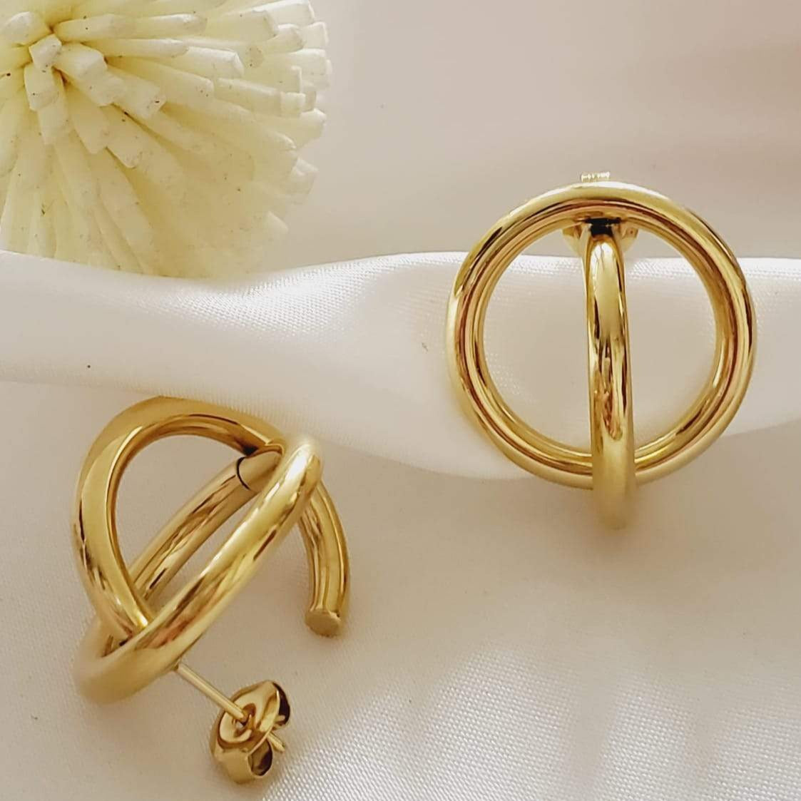 Double loop earrings, circular earrings, 18k gold earrings, bold earrings, vintage earrings, thick gold hoop, gold hoop earrings, chunky gold hoop, hypoallergenic hoops, gold hoop earring, chunky hoops, small hoop earring, Hello luxy jewelry, hoop earrings, croissant earrings, croissant hoops, gold filled hoops, twisted curved hoop, round double circle studs, round double circle hoops