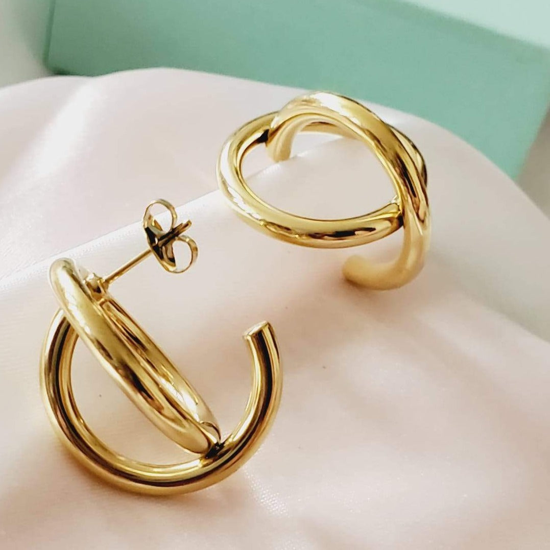 Double loop earrings, circular earrings, 18k gold earrings, bold earrings, vintage earrings, thick gold hoop, gold hoop earrings, chunky gold hoop, hypoallergenic hoops, gold hoop earring, chunky hoops, small hoop earring, Hello luxy jewelry, hoop earrings, croissant earrings, croissant hoops, gold filled hoops, twisted curved hoop, round double circle studs, round double circle hoops