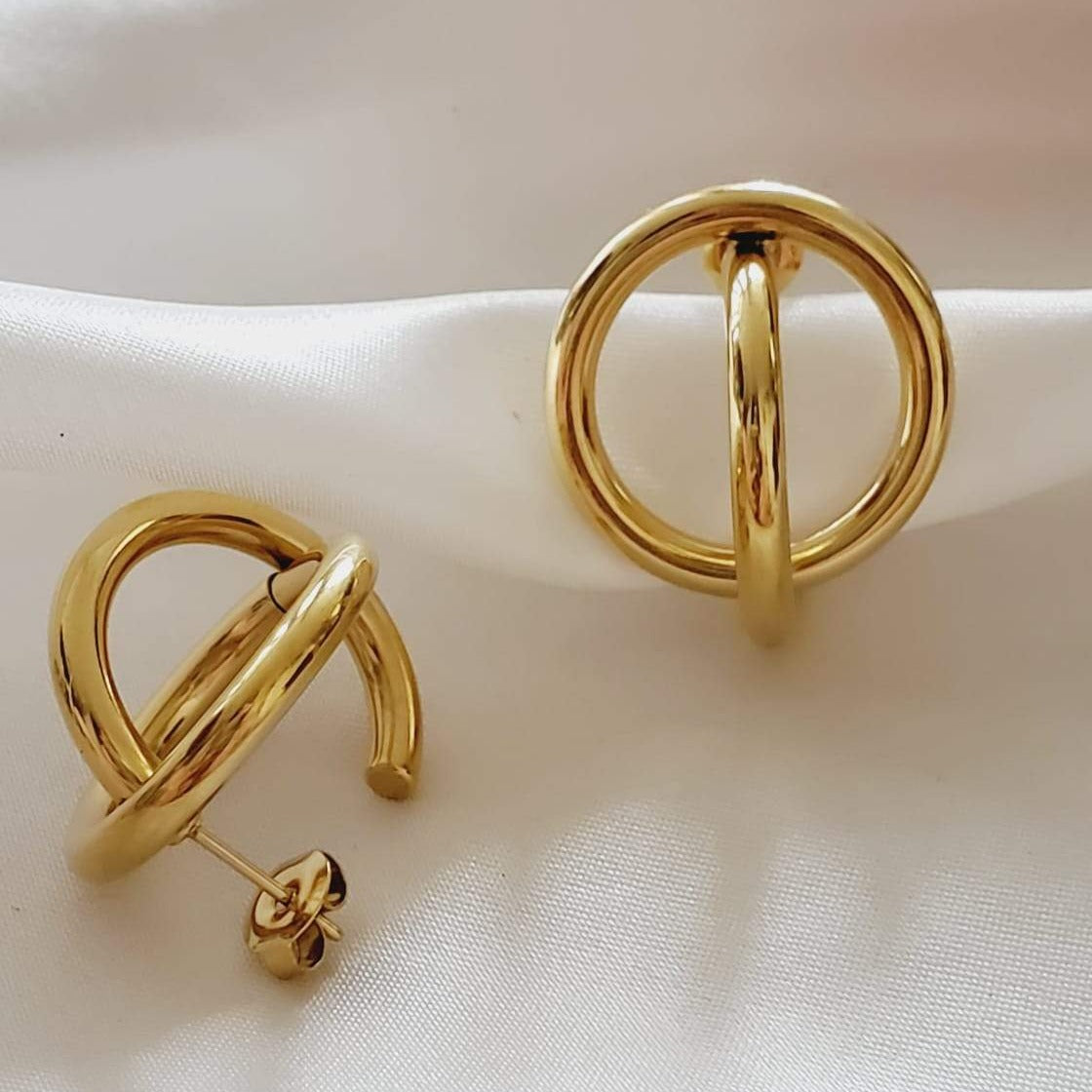 Double loop earrings, circular earrings, 18k gold earrings, bold earrings, vintage earrings, thick gold hoop, gold hoop earrings, chunky gold hoop, hypoallergenic hoops, gold hoop earring, chunky hoops, small hoop earring, Hello luxy jewelry, hoop earrings, croissant earrings, croissant hoops, gold filled hoops, twisted curved hoop, round double circle studs, round double circle hoops