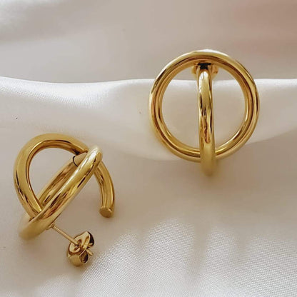 Double loop earrings, circular earrings, 18k gold earrings, bold earrings, vintage earrings, thick gold hoop, gold hoop earrings, chunky gold hoop, hypoallergenic hoops, gold hoop earring, chunky hoops, small hoop earring, Hello luxy jewelry, hoop earrings, croissant earrings, croissant hoops, gold filled hoops, twisted curved hoop, round double circle studs, round double circle hoops