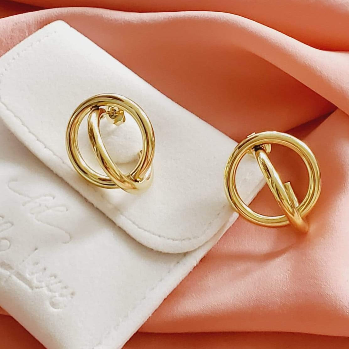 Double loop earrings, circular earrings, 18k gold earrings, bold earrings, vintage earrings, thick gold hoop, gold hoop earrings, chunky gold hoop, hypoallergenic hoops, gold hoop earring, chunky hoops, small hoop earring, Hello luxy jewelry, hoop earrings, croissant earrings, croissant hoops, gold filled hoops, twisted curved hoop, round double circle studs, round double circle hoops