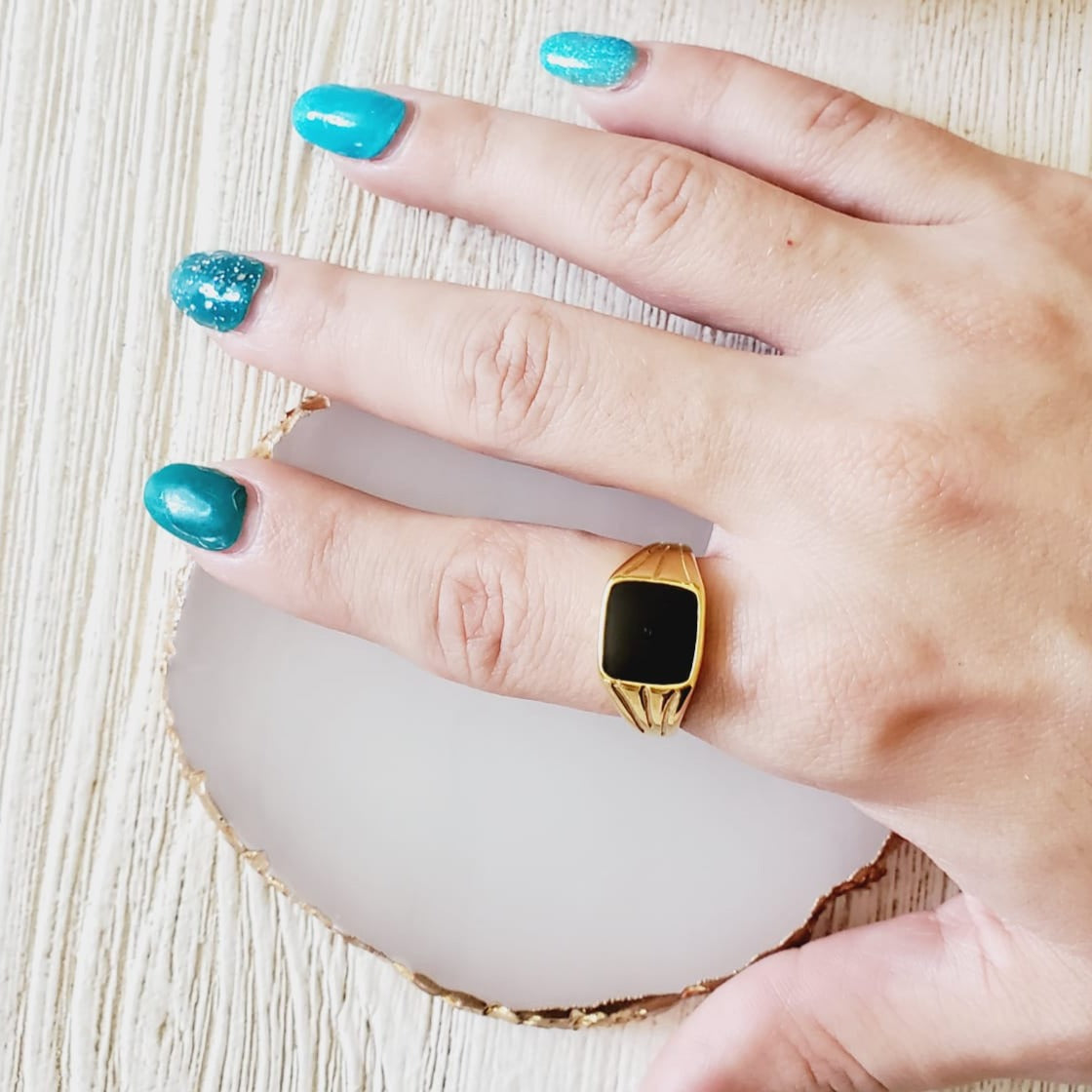 black ring, 18k gold plated ring, water resistant ring, sweat resistant ring, vintage gold ring, vintage ring, bold ring, chunky ring, dainty ring, gold filled ring, dainty jewelry, hey harper jewelry, the views and co jewelry, ellie vail jewelry, she is gold jewelry, aurora jewelry shop, kinita jewelry, babeina jewelry