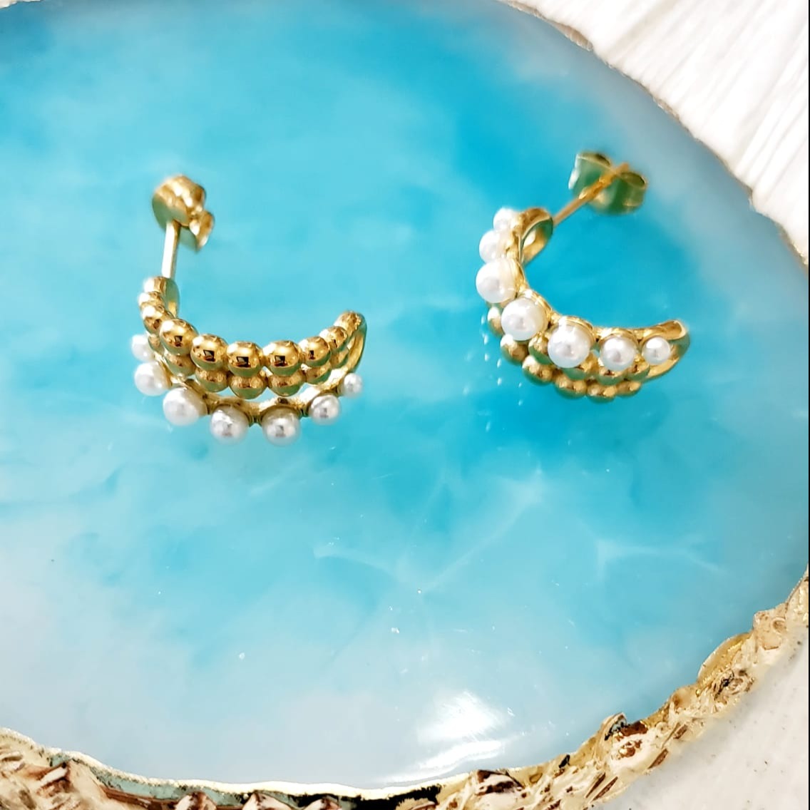 dainty hoops, dainty earrings, circular earrings, 18k gold earrings, bold earrings, vintage earrings, thick gold hoop, gold hoop earrings, chunky gold hoop, hypoallergenic hoops, gold hoop earring, chunky hoops, small hoop earring, Hello luxy jewelry, hoop earrings, croissant earrings, croissant hoops, gold filled hoops, pearl earrings