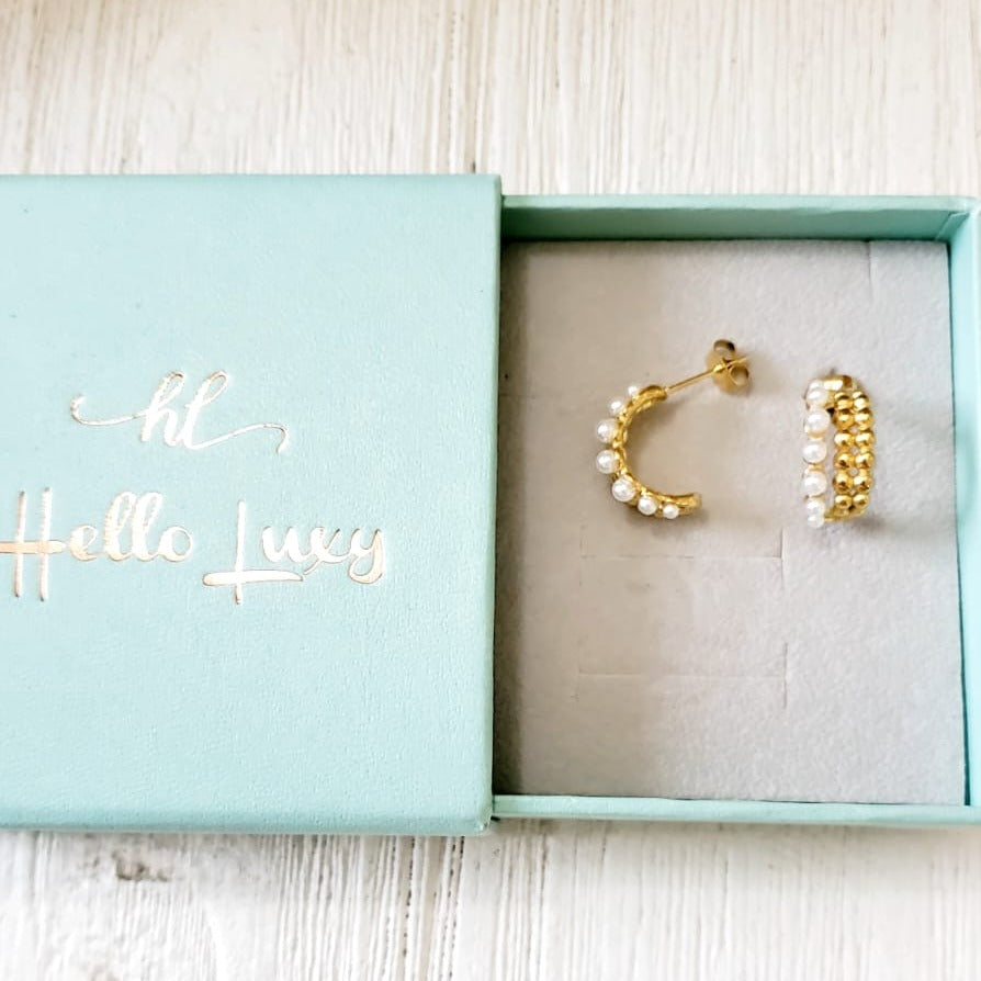 dainty hoops, dainty earrings, circular earrings, 18k gold earrings, bold earrings, vintage earrings, thick gold hoop, gold hoop earrings, chunky gold hoop, hypoallergenic hoops, gold hoop earring, chunky hoops, small hoop earring, Hello luxy jewelry, hoop earrings, croissant earrings, croissant hoops, gold filled hoops, pearl earrings
