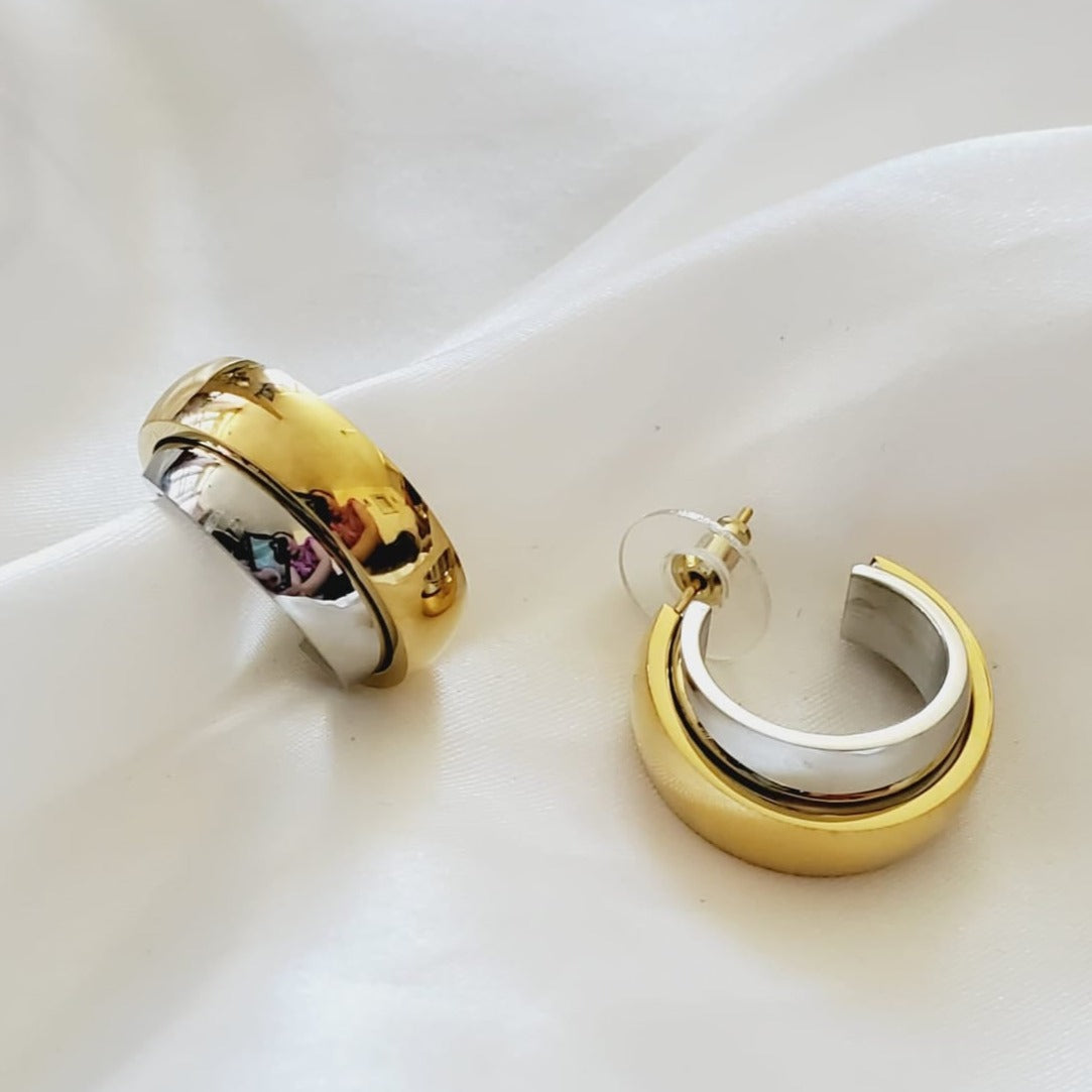 chunky earrings, thick gold hoop, gold hoop earrings, chunky gold hoop, hypoallergenic hoops, gold hoop earring, chunky hoops, small hoop earring, helloluxyjewelry, hoop earrings, croissant earrings, croissant hoops, gold filled hoops, twisted curved hoop, cuban rings, bold earrings, 18k gold earrings, water resistant earrings, double tone hoops, double tone earrings