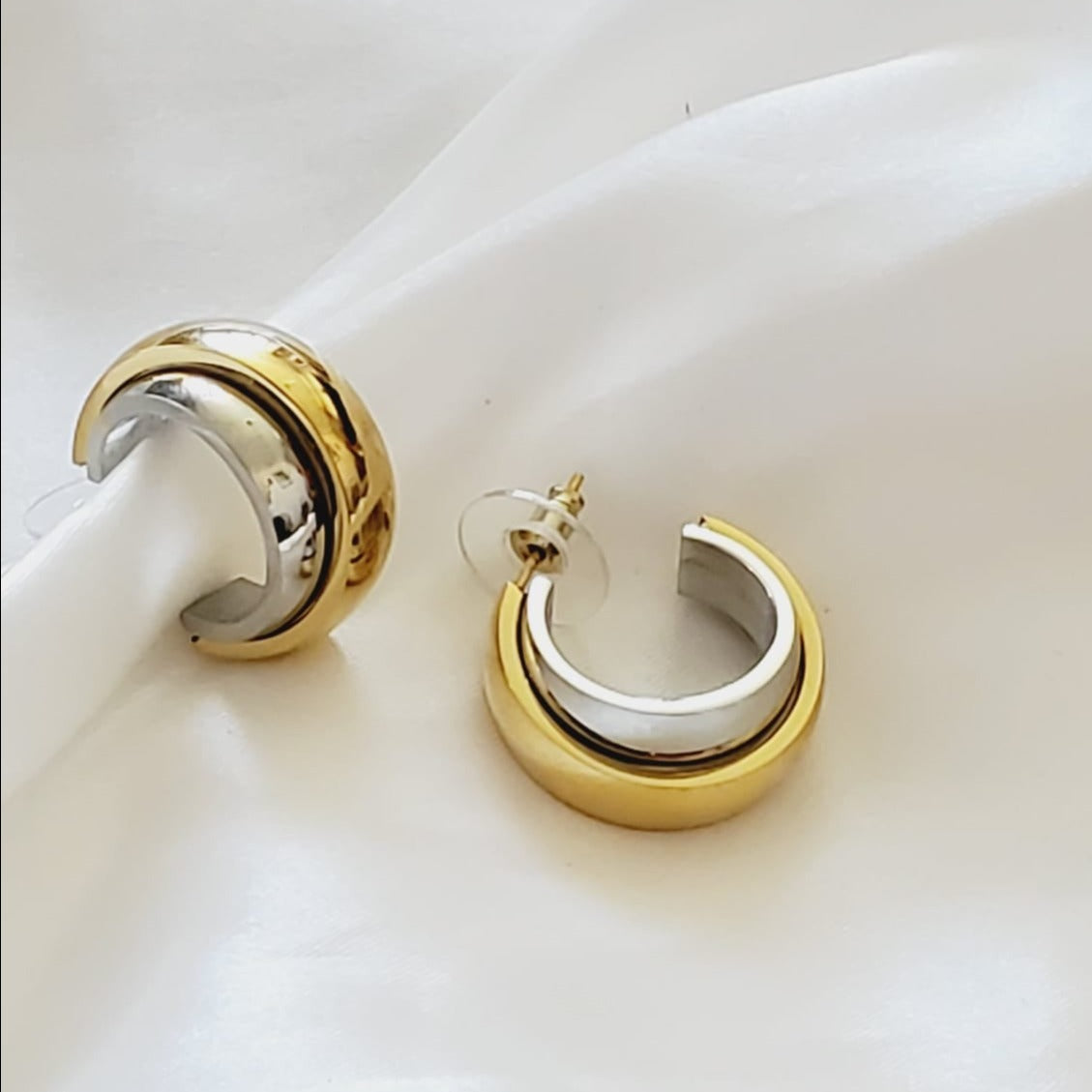 chunky earrings, thick gold hoop, gold hoop earrings, chunky gold hoop, hypoallergenic hoops, gold hoop earring, chunky hoops, small hoop earring, helloluxyjewelry, hoop earrings, croissant earrings, croissant hoops, gold filled hoops, twisted curved hoop, cuban rings, bold earrings, 18k gold earrings, water resistant earrings, double tone hoops, double tone earrings