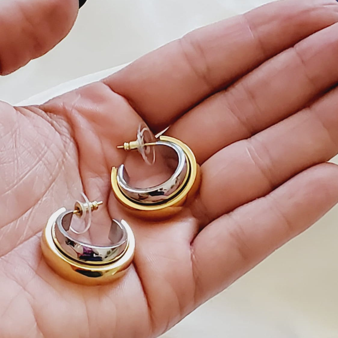 chunky earrings, thick gold hoop, gold hoop earrings, chunky gold hoop, hypoallergenic hoops, gold hoop earring, chunky hoops, small hoop earring, helloluxyjewelry, hoop earrings, croissant earrings, croissant hoops, gold filled hoops, twisted curved hoop, cuban rings, bold earrings, 18k gold earrings, water resistant earrings, double tone hoops, double tone earrings