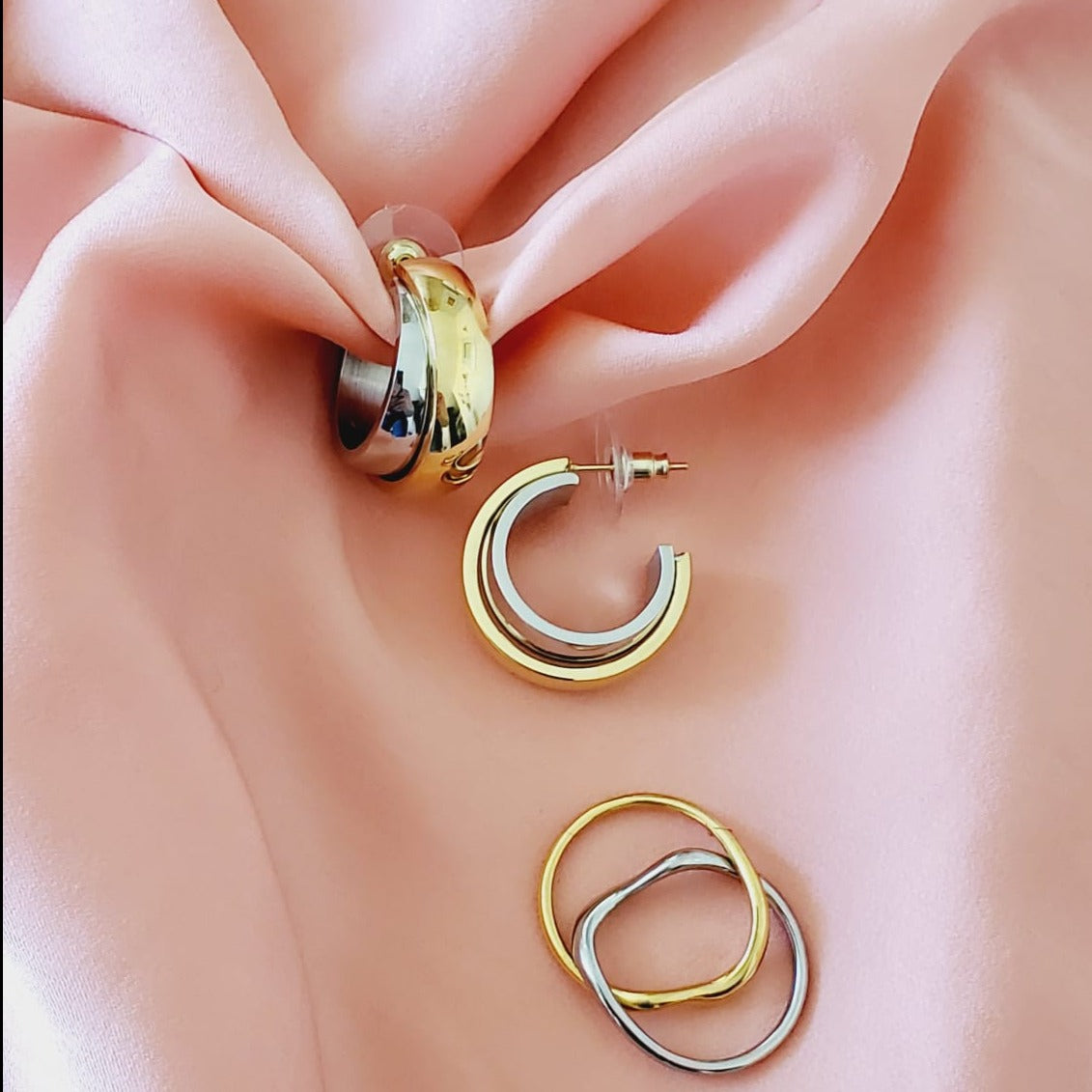 chunky earrings, thick gold hoop, gold hoop earrings, chunky gold hoop, hypoallergenic hoops, gold hoop earring, chunky hoops, small hoop earring, helloluxyjewelry, hoop earrings, croissant earrings, croissant hoops, gold filled hoops, twisted curved hoop, cuban rings, bold earrings, 18k gold earrings, water resistant earrings, double tone hoops, double tone earrings