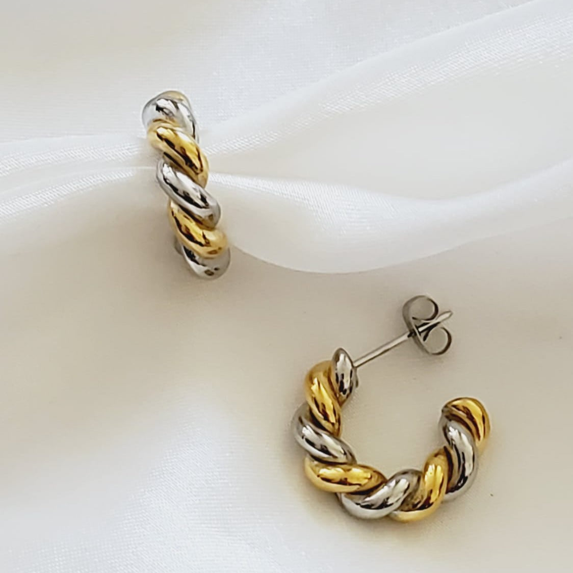 chunky earrings, thick gold hoop, gold hoop earrings, chunky gold hoop, hypoallergenic hoops, gold hoop earring, chunky hoops, small hoop earring, helloluxyjewelry, hoop earrings, croissant earrings, croissant hoops, gold filled hoops, twisted curved hoop, cuban rings, bold earrings, 18k gold earrings, water resistant earrings, double tone hoops, double tone earrings